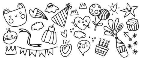 conjunto de vetores de elementos bonitos doodle. coleção de rabiscos desenhados à mão de chapéu de festa, fita, bolo de aniversário, balão, champaign, estrela isolada no fundo branco. design para adesivo, quadrinhos, impressão.