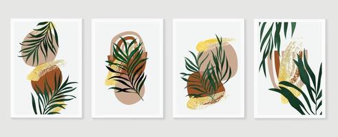 conjunto de vetores de arte de parede de design abstrato contemporâneo. folhas tropicais com pincelada de ouro e forma abstrata de cor earthtone. ilustração de design para papel de parede, decoração de parede, cartão, pôster, capa, impressão.