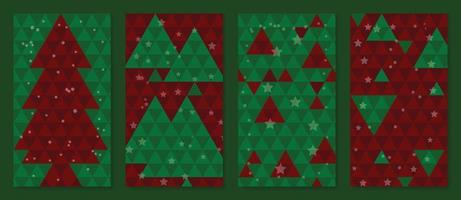 conjunto de pôster de modelo de natal. triângulo pixel vermelho e verde padrão de fundo com forma de árvore de natal, neve, estrela. ilustração de design para banner, cartão, mídia social, publicidade, site. vetor