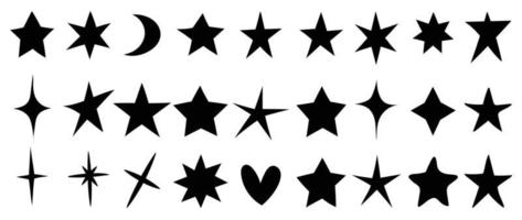 vetor de estrela negra desenhado à mão em fundo branco. forma diferente e estilo de ícones de estrelas negras, crescente, coração, brilho. ilustração de design para adesivo, tatuagem, quadrinhos, decoração, cartão, pôster.