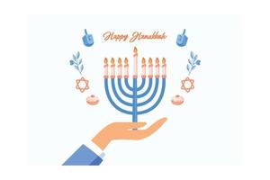 menorá de Chanucá. feliz feriado judaico hanukkah, conceito. homem judeu segurando menorá na mão com velas, isoladas no fundo branco. celebração religiosa, ilustração moderna de vetor plano
