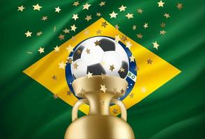 o brasil é o vencedor do jogo. bola de futebol com prêmio de ouro e bandeira nacional. ilustração em vetor 3D