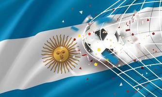 a bola na rede de futebol. conceito de vetor de gol com bandeira da argentina. banner de vetor 3d com efeito de desfoque