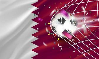 a bola na rede de futebol. conceito de vetor de gol com a bandeira do qatar. banner de vetor 3d com espaço de cópia