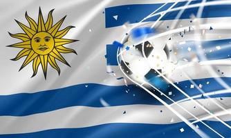 a bola na rede de futebol. conceito de vetor de objetivo com bandeira do uruguai. banner de vetor 3d com efeito de desfoque
