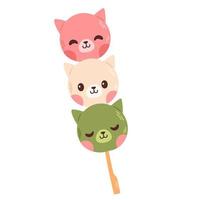 dango sobremesa japonesa em forma de gato isolado no branco. sobremesa hanami dango com 3 cores rosa, branco e verde. vetor