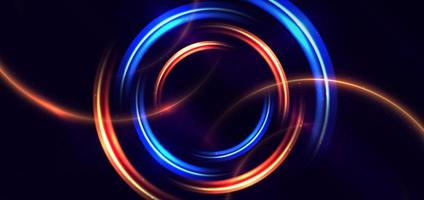 tecnologia abstrata círculo de néon futurista brilhando linhas de luz azul e laranja com efeito de desfoque de movimento de velocidade em fundo azul escuro. vetor