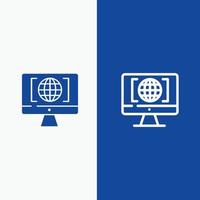 linha de pensamento grande do mundo da internet do computador e ícone sólido de glifo banner azul linha e ícone sólido de glifo banner azul vetor