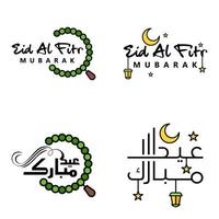 pacote moderno de 4 eidkum mubarak tradicional árabe moderno quadrado kufic tipografia saudação texto decorado com estrelas e lua vetor