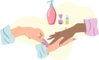 mãos de técnico de unhas fazendo manicure para uma mulher africana com lixa de unha em estilo simples vetor