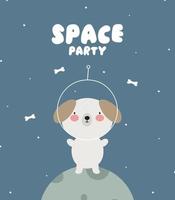 convite para festa espacial, festa de aniversário em estilo cósmico, cartão de felicitações. ilustração de crianças com cachorro astronauta no estilo cartoon. vetor