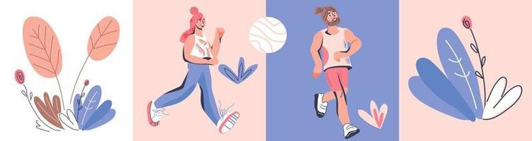 personagens de corredores de maratona de homens e mulheres correndo vestindo roupas esportivas. executar competição e banner de atividade esportiva. ilustração vetorial dos desenhos animados em estilo moderno. vetor