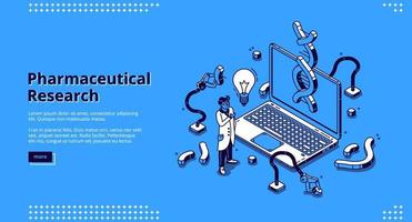 página de destino isométrica de pesquisa farmacêutica. vetor