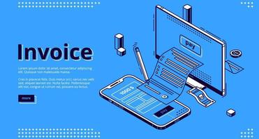 página de destino isométrica da fatura, fatura de pagamento de impostos vetor