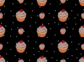 padrão perfeito de personagem de desenho animado de cupcake em fundo preto vetor