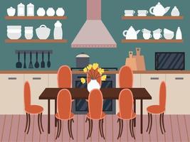 design de interiores de cozinha de estilo simples. cozinha aconchegante com grande mesa de jantar, exaustor e fogão