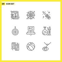 pacote de 9 sinais e símbolos de contornos modernos para mídia impressa na web, como escudo de reparo de honra de educação, elementos de design de vetores editáveis