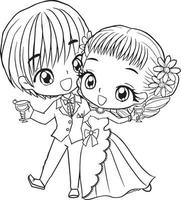 casamento desenho animado doodle kawaii anime página para colorir ilustração fofa desenhando personagem de clipart chibi mangá quadrinhos vetor