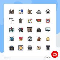 interface móvel linha preenchida conjunto de cores planas de 25 pictogramas de veículos de vírus de vela barco rezar elementos de design de vetores editáveis