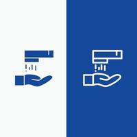 linha de limpeza de lavagem à mão e ícone sólido de glifo linha de banner azul e banner azul de ícone sólido de glifo vetor