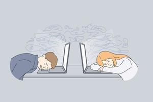 estresse, cansaço, conceito de esgotamento. trabalhadores de escritório exaustos e sobrecarregados deitados em laptops se sentindo cansados e esgotados no escritório no trabalho ilustração vetorial vetor