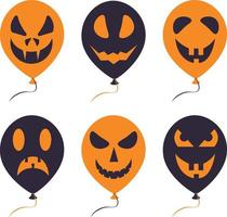 um conjunto brilhante com balões com várias caretas assustadoras simbolizando o feriado de halloween, cores laranja e preto. ilustração vetorial vetor