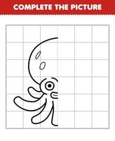 jogo de educação para crianças completa a imagem de meio esboço de polvo bonito dos desenhos animados para desenhar planilha subaquática imprimível vetor