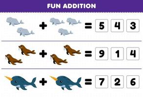 jogo educativo para crianças diversão além de adivinhar o número correto de lindos desenhos animados beluga morsa narval planilha subaquática imprimível vetor