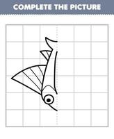 jogo de educação para crianças completa a imagem de meio esboço de peixe voador de desenho animado fofo para desenhar planilha subaquática imprimível vetor