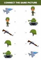 jogo de educação para crianças conectar a mesma imagem de soldado bonito dos desenhos animados definir planilha de profissão para impressão vetor