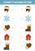 jogo de educação para crianças conectar a mesma imagem de chapéu bonito dos desenhos animados luva de floco de neve bota de fogueira para impressão folha de trabalho de inverno vetor