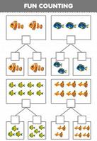 jogo de educação para crianças divertidas contando imagens em cada caixa de peixes de desenho animado fofos planilha subaquática imprimível vetor