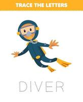 jogo de educação para crianças traçar a carta do mergulhador de desenho animado fofo planilha subaquática imprimível vetor