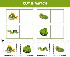 jogo de educação para crianças cortar e combinar a mesma imagem de bonito desenho animado piranha shell enguia se pepino planilha subaquática imprimível vetor