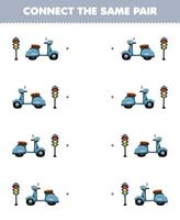 jogo de educação para crianças conecte a mesma imagem de uma scooter de desenho animado fofa e um par de lâmpadas de trânsito para impressão planilha de transporte vetor