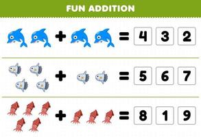 jogo educativo para crianças diversão além de adivinhar o número correto de desenho animado bonito peixe-lua choco folha de trabalho subaquática imprimível vetor