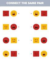 jogo de educação para crianças conectar a mesma imagem de folha de trabalho de forma geométrica imprimível de quadrado de desenho animado bonito e par de círculo vetor