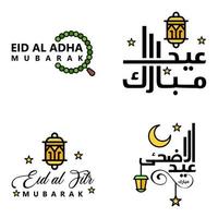 conjunto de 4 vetores eid mubarak feliz eid para você em estilo de caligrafia árabe script encaracolado com lua de lâmpada de estrelas