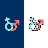 ícones de símbolo feminino masculino de gênero plano e conjunto de ícones cheios de linha vector fundo azul