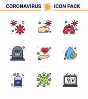 Pacote de ícones epidêmicos de coronavírus de 9 linhas cheias suga como batida de saúde anatomia rip grave coronavírus viral 2019nov elementos de design de vetor de doença