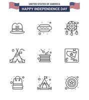 feliz dia da independência pacote de 9 linhas sinais e símbolos para decoração de dia de feriado tenda americana editável elementos de design de vetor de dia dos eua