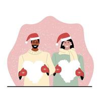 design de vetor de cartão de dia dos namorados santo. um casal com chapéus de papai noel segura corações de neve nas mãos sob a queda de neve.