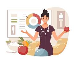 conceito de nutricionista. programa de perda de peso e plano de dieta. dietoterapia com alimentação saudável e atividade física. ilustração vetorial plana vetor