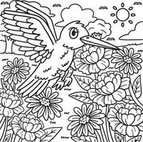página de coloração de pássaro de primavera sobre flores para crianças vetor