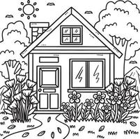 página de coloração de casa de primavera com jardim para crianças vetor