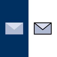 ícones de mensagem de correio de e-mail plano e conjunto de ícones cheios de linha vector fundo azul