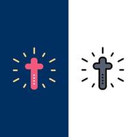 celebração cruz cristã ícones de páscoa plano e conjunto de ícones cheios de linha vector fundo azul