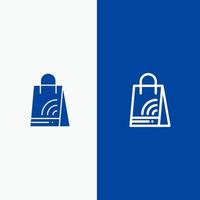 bolsa bolsa wi-fi linha de compras e ícone sólido de glifo banner azul linha e ícone sólido de glifo banner azul vetor