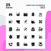 25 cuidados de saúde e conjunto de ícones médicos 100 eps editáveis 10 arquivos idéias de conceito de logotipo de negócios design de ícone de glifo sólido vetor