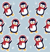 padrão sem emenda de pinguins. pinguins de bebê fofo em roupas de inverno e chapéus, animais árticos de natal, têxteis infantis ou textura vetorial de papel de parede. vetor